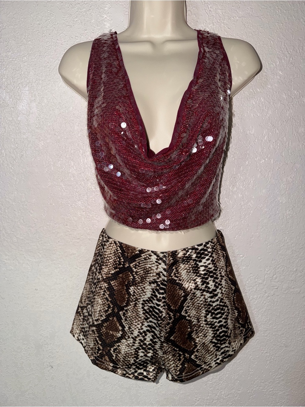 Two Piece Set Sequin Cowl Neck & Snake Skin Shorts